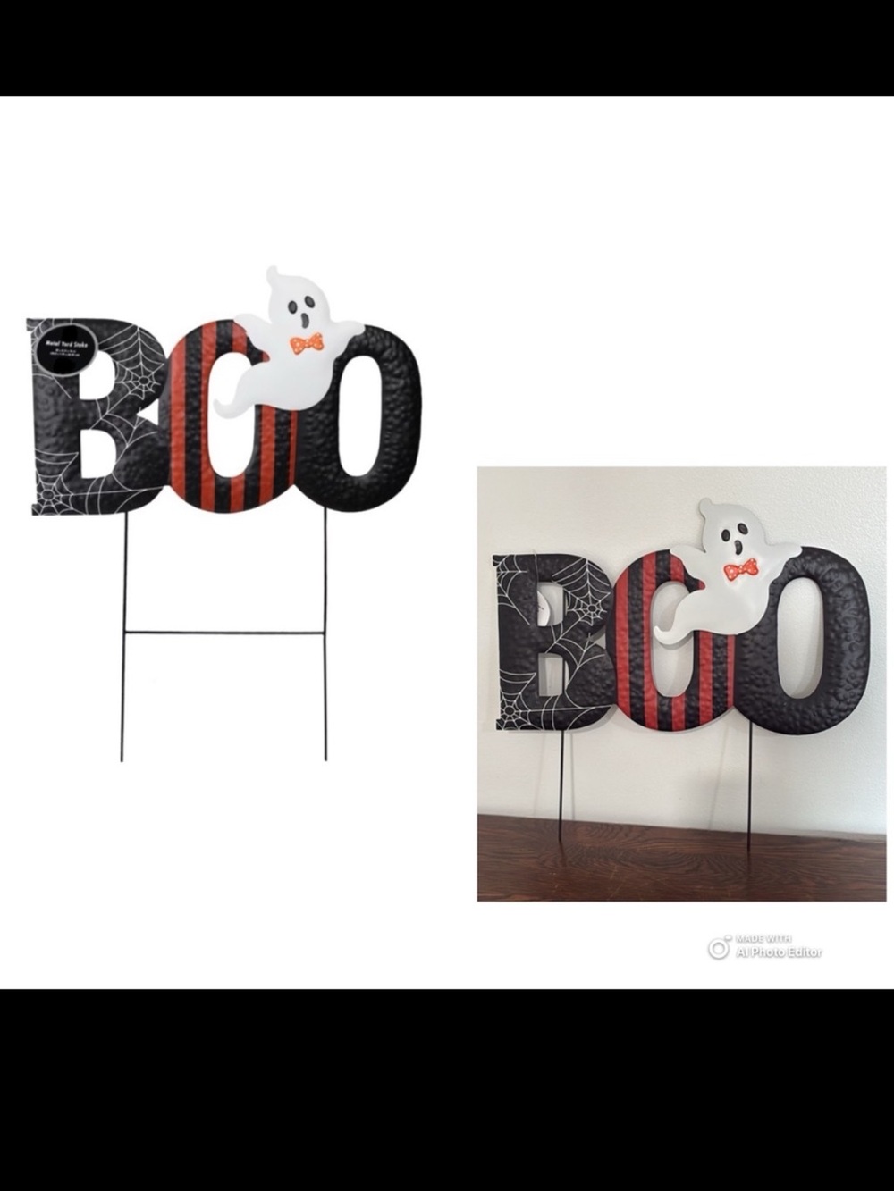 NWT- 26” Black Metal BOO 🕸️ Halloween Yard or Lawn Stake Sign with Ghost 👻